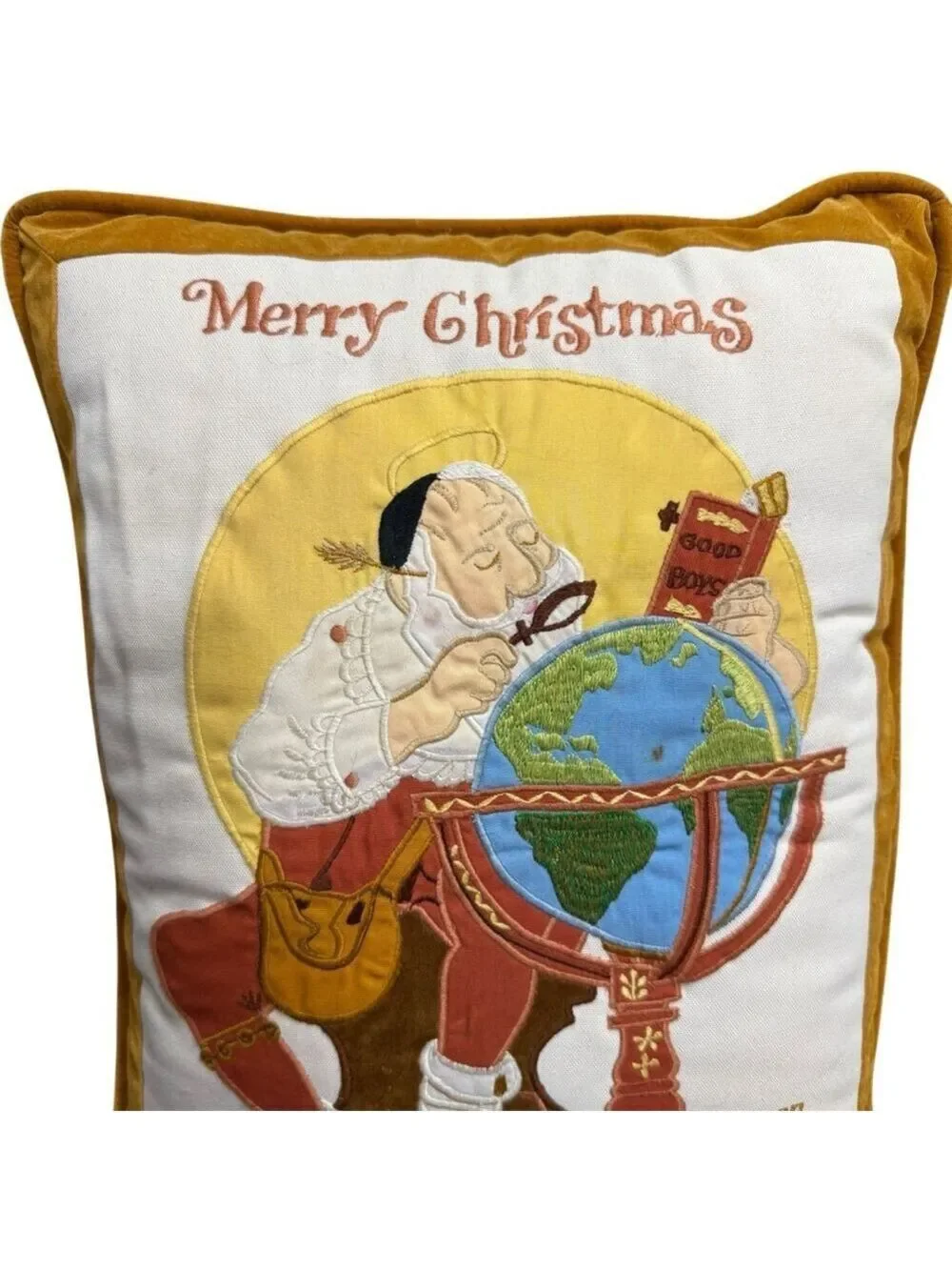 Vintage Balos 1980 Norman Rockwell Merry Christmas Embroidered Pillow 15x12.5‎